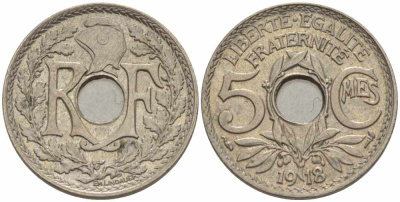 ФРАНЦИЯ 5 САНТИМОВ 1918 ТИП ЛИНДАЙЁ KM 865, LE FRANC 121.2 медно-никель 28-332