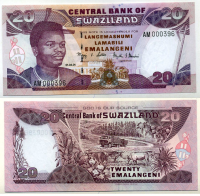Свазиленд 20 емалангени 2001 Pick 30 a бумага UNC (пресс) 000-00-00