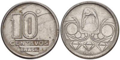 Бразилия 10 сентаво 1989 золотодобыча KM 613 нержавеющая сталь 116-849