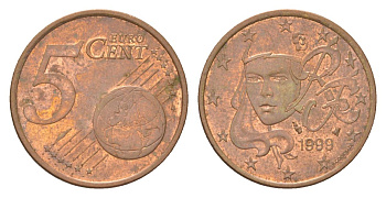 Франция 5 евроцентов 1999 KM 1284 сталь плакированная медью 4627-1134