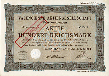 Германия 100 рейхсмарок 1928 АО Валансьен, Дрезден-Лойбен, акция   бумага   8803-55-1