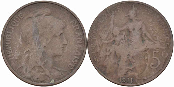 ФРАНЦИЯ 5 САНТИМОВ 1911 ТИП ДАНИЭЛЬ ДЮПЮИ KM 842, LE FRANC 119.23 бронза 108-932