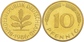 ФРГ 10 ПФЕННИГОВ 1986 G KM 108, J. 383 сталь плакированная латунью 4182-944