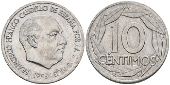 Испания 10 сентимо 1959 Франсиско Франко (1939-1975) KM 790 алюминий 4602-1227