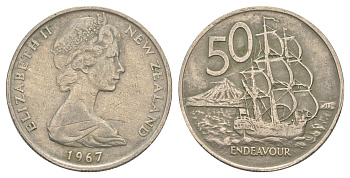 Новая Зеландия 50 центов 1967 Елизавета II (1952-2022), парусник Индевор KM 37.1 медно-никель 4645-1141