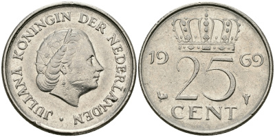 Нидерланды 25 центов 1969 Юлиана (1948-1980) KM 183 никель 96-218