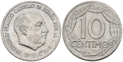 Испания 10 сентимо 1959 Франсиско Франко (1939-1975) KM 790 алюминий 4602-1227