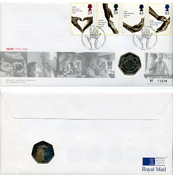 Великобритания 50 пенсов 1998 50 лет национальной службе здравоохранения, в оригинальном конверте, с марками, первый день гашения KM 996, Spink H10 медно-никель BU 4-3-8-01