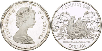 Канада 1 доллар 1989 покорение реки Маккензи, каноэ KM 168 серебро PROOF 1072-1-11