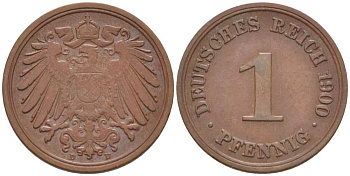 ГЕРМАНИЯ 1 ПФЕННИГ 1900 D KM 10, J. 10, Weege 2 медь 211-251