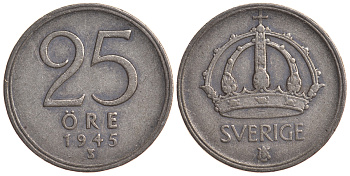 Швеция 25 эре 1945 TS, Густав V (1907-1950) KM 816 серебро 4179-861