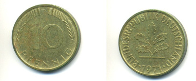 ФРГ 10 ПФЕННИГОВ 1971 D KM 108, J 383 сталь плакированная латунью 80-322
