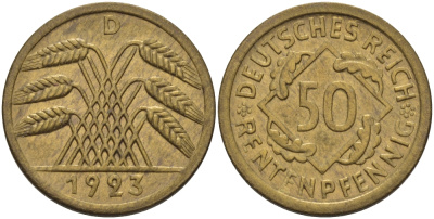 Германия 50 рентенпфеннигов 1923 D J. 310, KM 34 алюминиевая бронза UNC 00-805-54