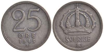 Швеция 25 эре 1945 TS, Густав V (1907-1950) KM 816 серебро 4179-861