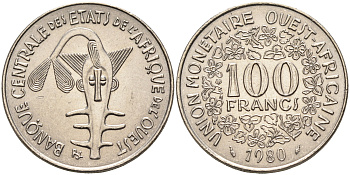 Валютное сообщество стран Западной Африки 100 франков 1980  KM 4 никель  UNC  4595-757
