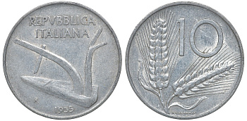 Италия 10 лир 1955 R, плуг KM 93 алюминий 4163-351