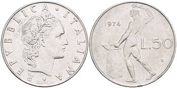 ИТАЛИЯ 50 ЛИР 1974 R, БОГ ОГНЯ ВУЛКАН У НАКОВАЛЬНИ KM 95.1 нержавеющая сталь 4551-357