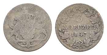 Баден 3 крейцера 1847 Леопольд (1830-1852) KM 211 серебро 4639-1162