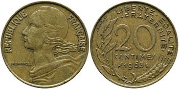ФРАНЦИЯ 20 САНТИМОВ 1963 KM 930 медь алюминий никель 98-323