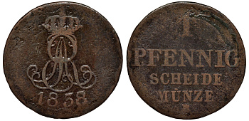 Ганновер 1 пфенниг 1838 B, Эрнст Август (1837-1851) KM 176, AKS 127, J. 53 медь 75-453