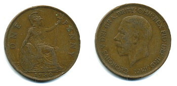 Великобритания 1 пенни 1930 Георг V (1910-1936) КМ 838, Spink 4055 бронза 41-1047