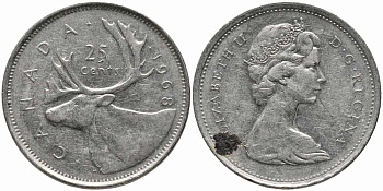 Канада 25 центов 1968 Елизавета II (1952-2022), олень KM 62 b никель 87-957