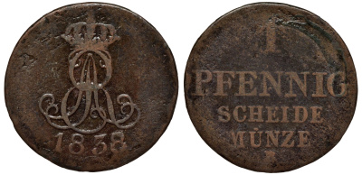 Ганновер 1 пфенниг 1838 B, Эрнст Август (1837-1851) KM 176, AKS 127, J. 53 медь 75-453