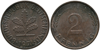 ФРГ 2 пфеннига 1974 F KM 106а, J.381а сталь плакированная медью 99-221