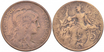 ФРАНЦИЯ 5 САНТИМОВ 1905 ТИП ДАНИЭЛЬ ДЮПЮИ KM 842, LE FRANC 119.15 бронза 4448-211