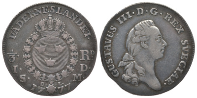 Швеция 1/3 риксдалера - 1 далер S.M. 1777 Густав III (1771-1792) KM 516 серебро 00-816-57