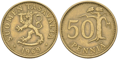 ФИНЛЯНДИЯ 50 ПЕННИ 1969 S KM 48 алюминиевая бронза 4563-422