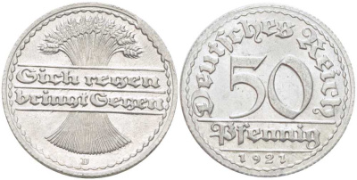 ГЕРМАНИЯ 50 ПФЕННИГОВ 1921 D KM 27, J. 301, Weege 10 алюминий 261-351