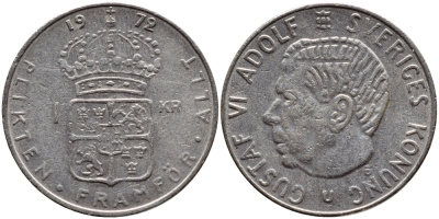 Швеция 1 крона 1972 Густав VI Адольф (1950-1973) KM 826a медь плакированная медно-никелем 4390-313