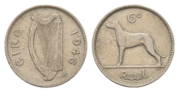 Ирландия 6 пенсов 1946 собака, ирландский волкодав KM 13a медно-никель 4690-326