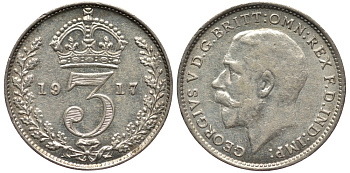 Великобритания 3 пенса 1917 Георг V (1910-1936) KM 813, Spink 4015 серебро 4528-452