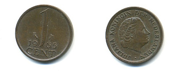 Нидерланды 1 цент 1965 Юлиана (1948-1980) КМ 180 бронза 80-959