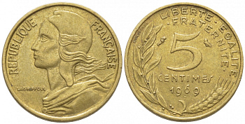 ФРАНЦИЯ 5 САНТИМОВ 1969 ТИП MARIANNE KM 933 медь алюминий никель 105-1238
