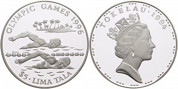 Токелау 5 тала 1994 XXVI олимпийские игры 1996 года в Атланте, плавание KM 19 серебро PROOF 04-101-21