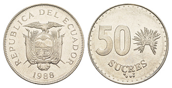 Эквадор 50 сукре 1988 KM 93.1 сталь плакированная никелем 4641-726