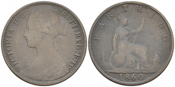 Великобритания 1 фартинг 1860 Виктория (1837-1901), зубчатая кайма KM 747.2, Spink 3958 бронза 3955-261