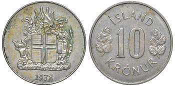 Исландия 10 крон 1978 KM 15 медно-никель 4607-125