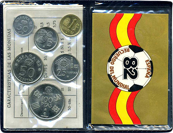 Испания официальный набор из 6 монет (50 сентимов; 1, 5, 25, 50 и 100 песет) 1980 чемпионат мира по футболу в Испании 1982 года KM MS11 (815, 816, 817, 818, 819 и 820)  UNC 5-4-3-69