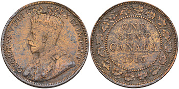 Канада 1 цент 1916 Георг V (1910-1936), большой формат KM 21 бронза 190-322