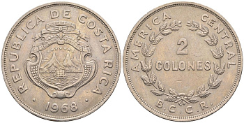 Коста-Рика 2 колона 1968 KM 187.2, Schoen 46.1 медно-никель 4117-943