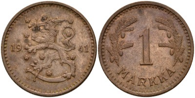 Финляндия 1 марка 1941 S KM 30a медь 4580-1268