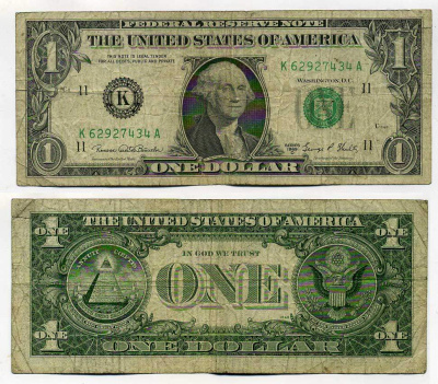 США 1 ДОЛЛАР 1969 D, БЛОК 2, БУКВА К, ГОРОД ДАЛЛАС, ШТАТ ТЕХАС, ДЖОРДЖ ВАШИНГТОН Pick 449e бумага 6287-25-2-2