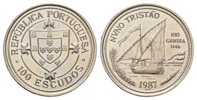 Португалия 100 эскудо 1987 Золотой век открытий - Нуну Триштан KM 640 медно-никель UNC 74-611