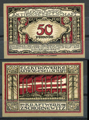 Германия, Чорневиц 50 пфеннигов 1921 частный выпуск электростанции AG Grube Golpa Grabowski 454.1 бумага UNC (пресс) 8614-48-1-2