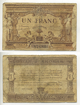 ФРАНЦИЯ 1 ФРАНК 1915 КОМЕРЧЕСКАЯ ПАЛАТА ГОРОДА АНЖЕ, НОТГЕЛЬД бумага 7552-30-4