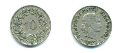 ШВЕЙЦАРИЯ 10 РАППЕНОВ 1927 В KM 27 медно-никель 29-1134